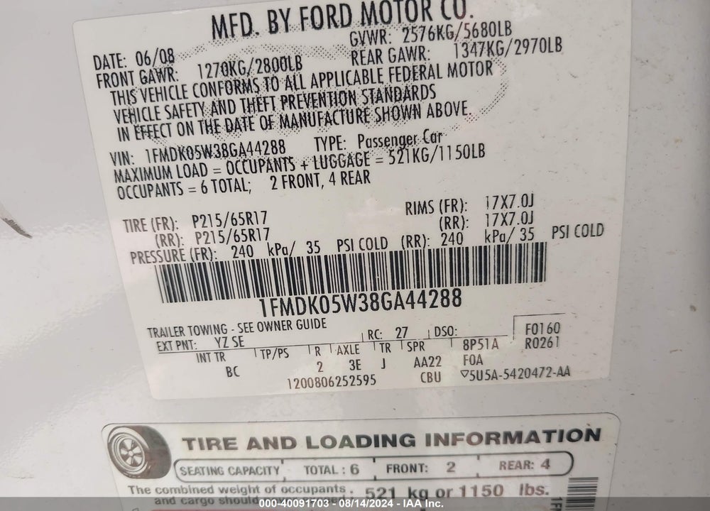 2008 FORD TAURUS X SEL VIN: 1FMDK05W38GA44288