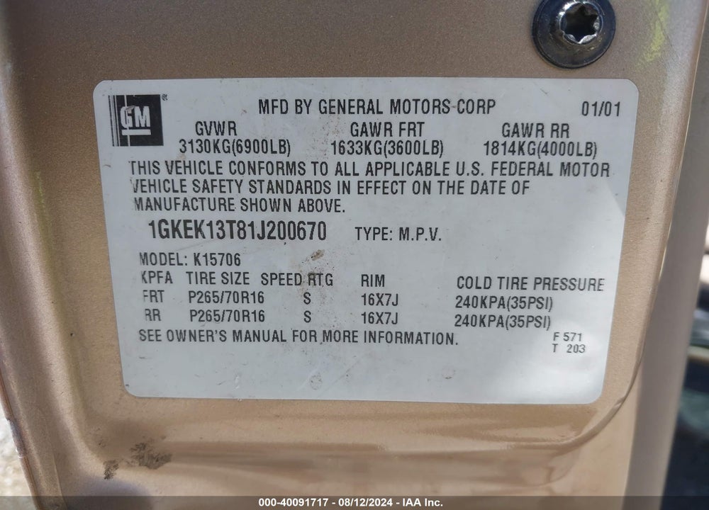 2001 GMC YUKON SLT VIN: 1GKEK13T81J200670