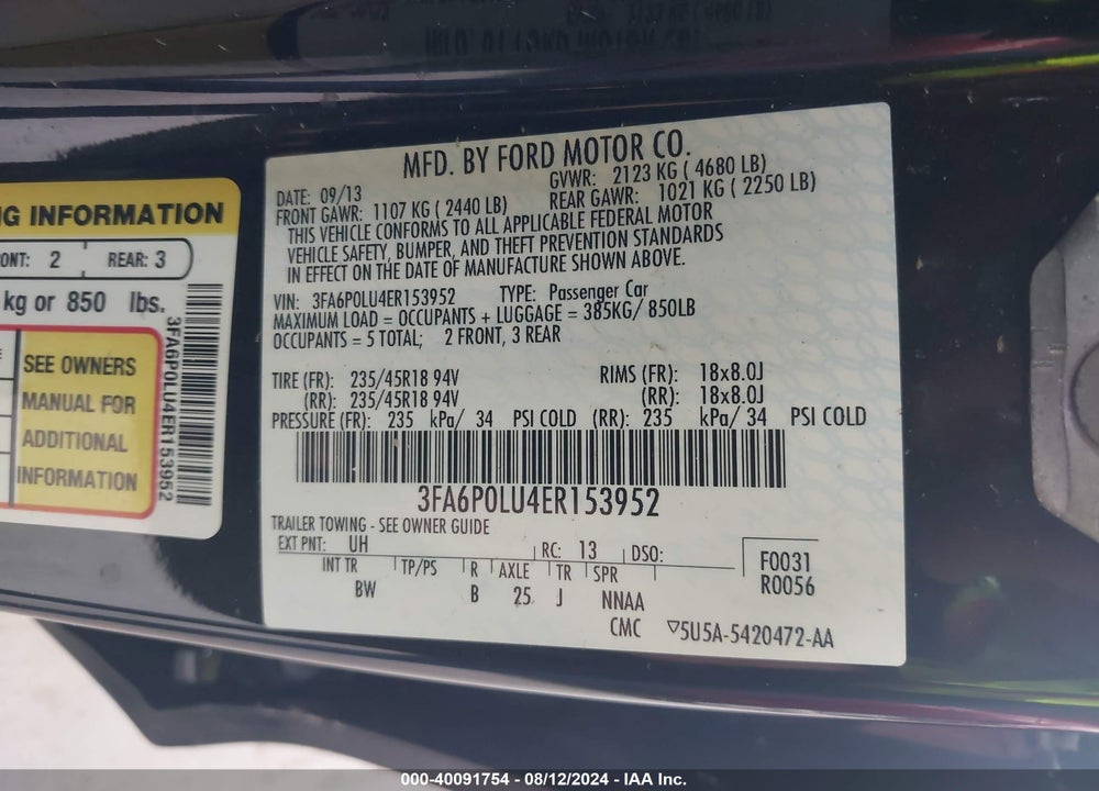 2014 FORD FUSION HYBRID SE VIN: 3FA6P0LU4ER153952