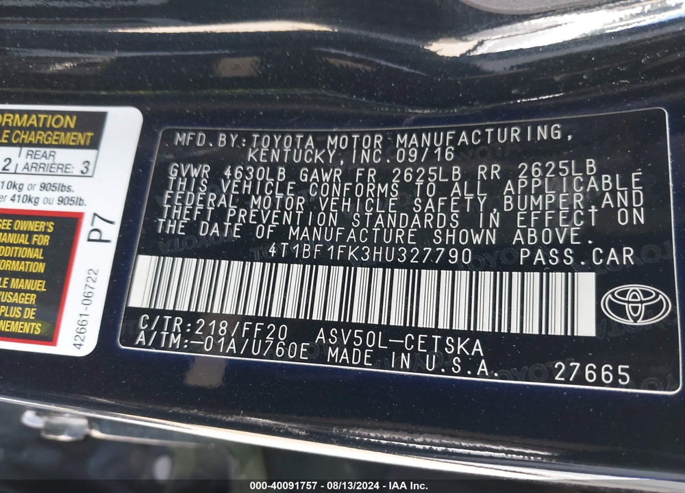 2017 TOYOTA CAMRY SE VIN: 4T1BF1FK3HU327790
