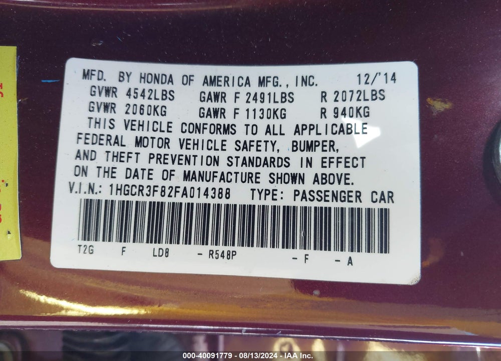 2015 HONDA ACCORD EX-L V-6 VIN: 1HGCR3F82FA014388