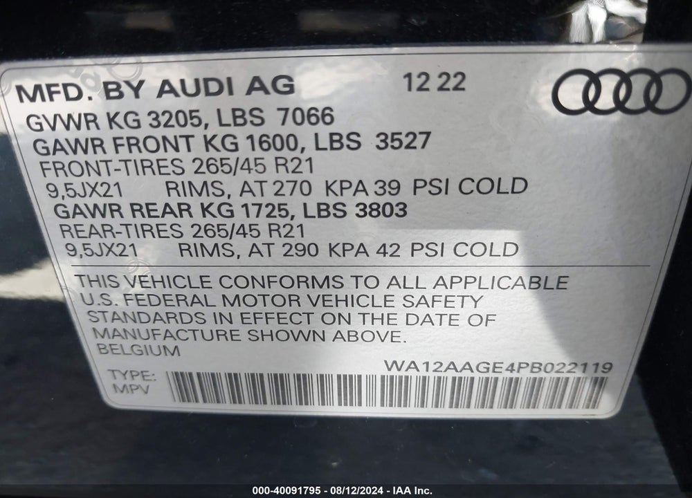 2023 AUDI E-TRON SPORTBACK PREMIUM PLUS S LINE QUATTRO VIN: WA12AAGE4PB022119
