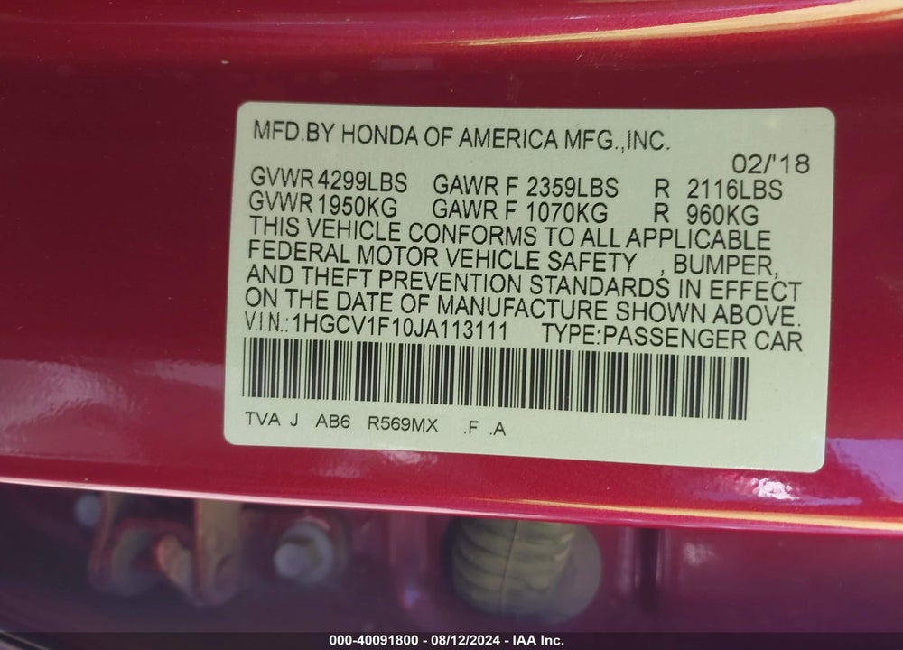 2018 HONDA ACCORD LX VIN: 1HGCV1F10JA113111