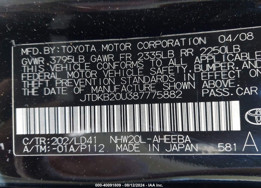 2008 TOYOTA PRIUS VIN: JTDKB20U387775882