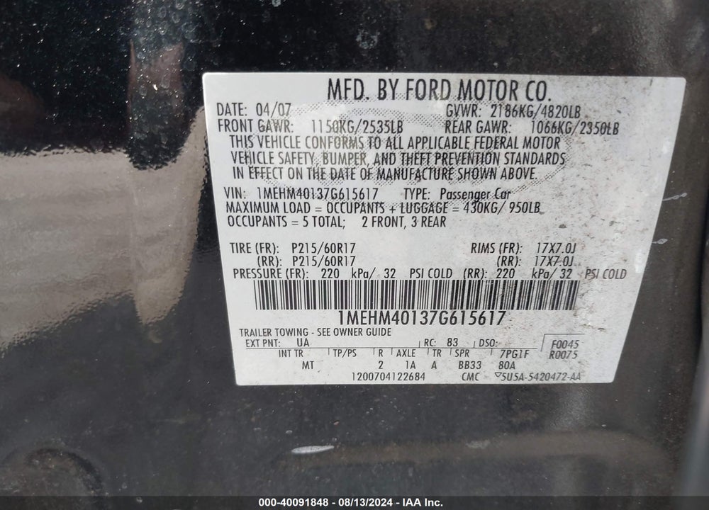2007 MERCURY MONTEGO LUXURY VIN: 1MEHM40137G615617
