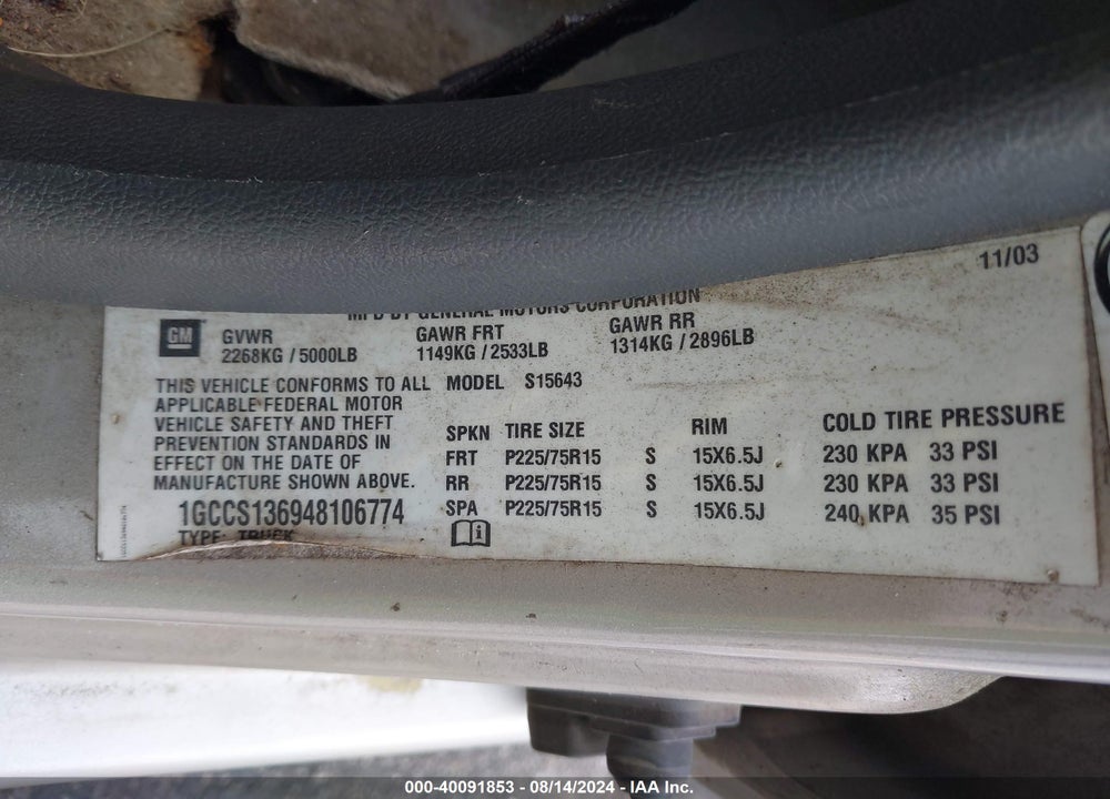 2004 CHEVROLET COLORADO LS VIN: 1GCCS136948106774