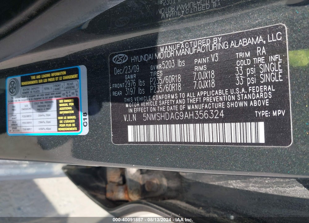 2010 HYUNDAI SANTA FE SE VIN: 5NMSHDAG9AH356324