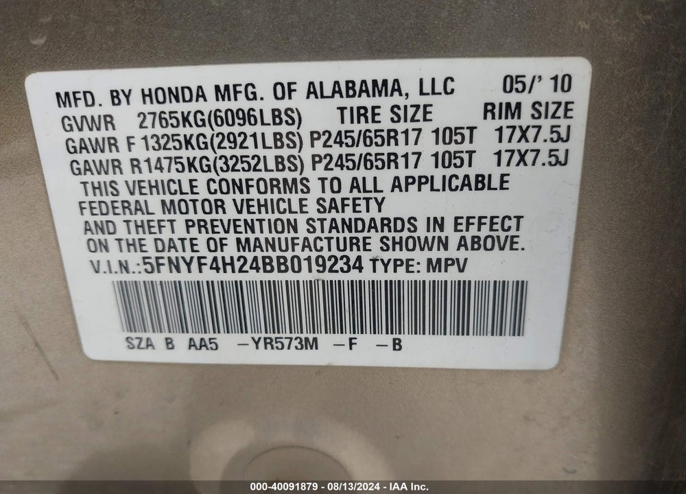 2011 HONDA PILOT LX VIN: 5FNYF4H24BB019234