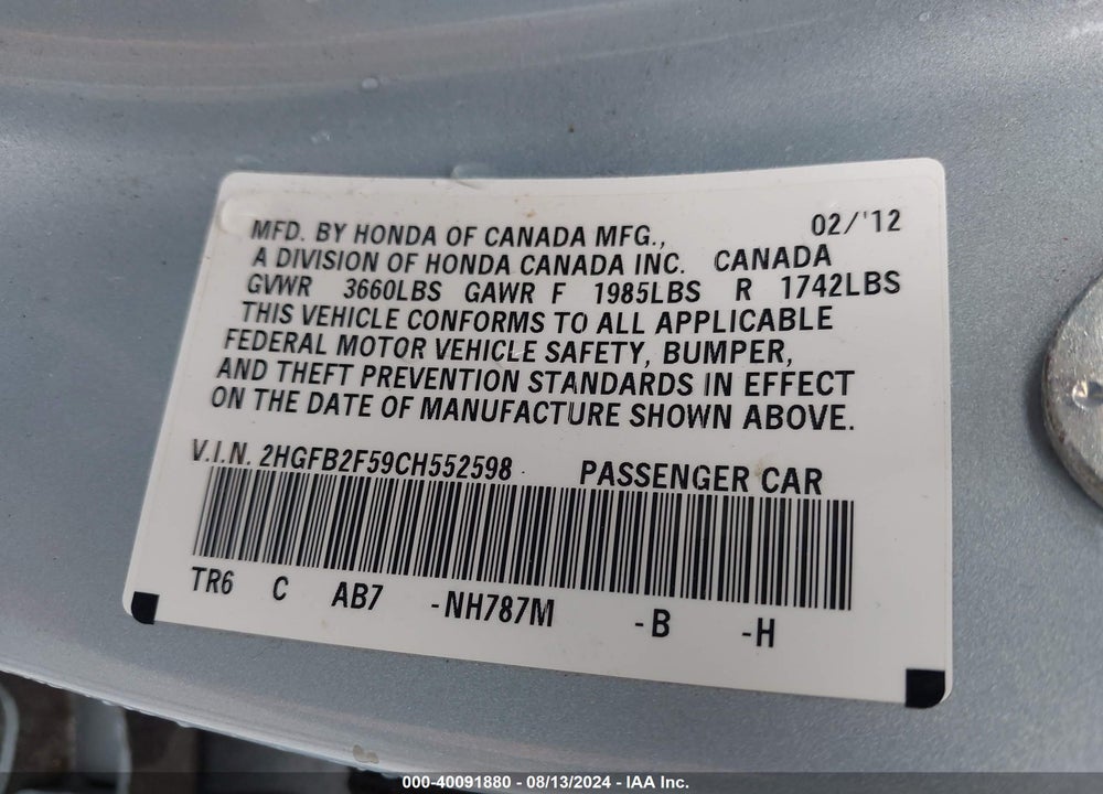 2012 HONDA CIVIC LX VIN: 2HGFB2F59CH552598