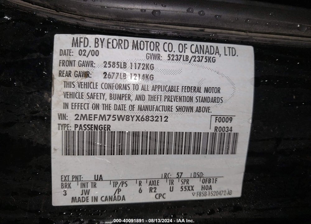 2000 MERCURY GRAND MARQUIS LS VIN: 2MEFM75W8YX683212