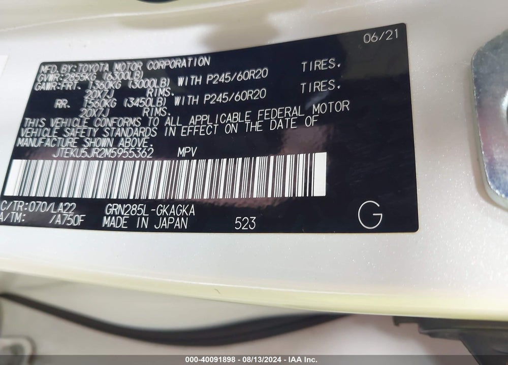 2021 TOYOTA 4RUNNER TRAIL/SR5/SR5 PREMIUM/LIMITED/NIGHT SHADE VIN: JTEKU5JR2M5955362