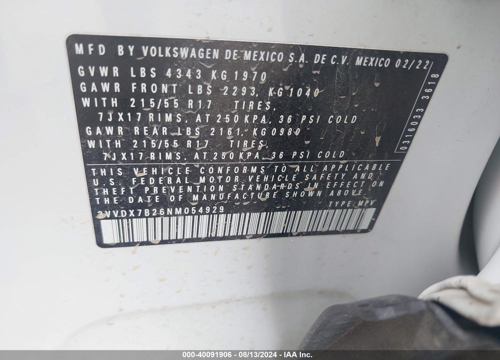 2022 VOLKSWAGEN TAOS 1.5T S VIN: 3VVDX7B26NM054929