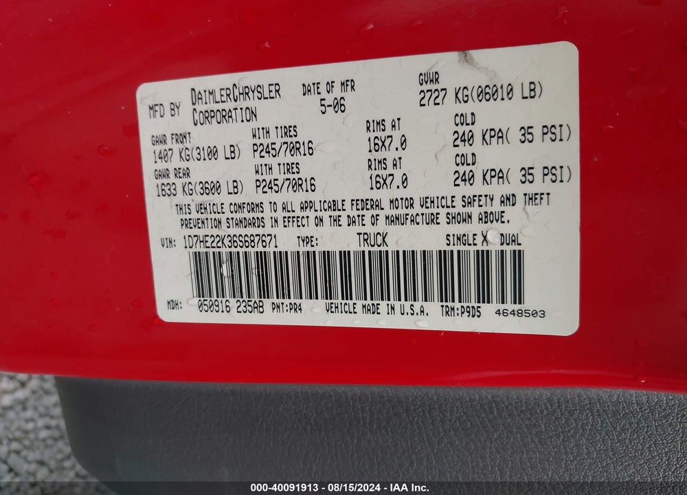 2006 DODGE DAKOTA ST VIN: 1D7HE22K36S687671