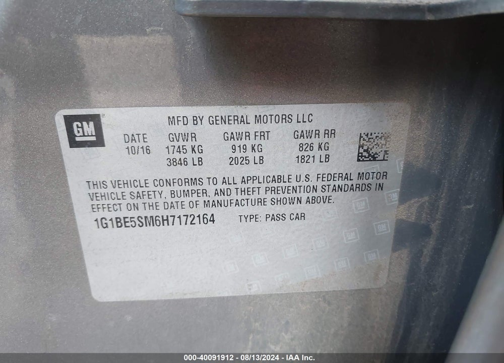 2017 CHEVROLET CRUZE LT AUTO VIN: 1G1BE5SM6H7172164