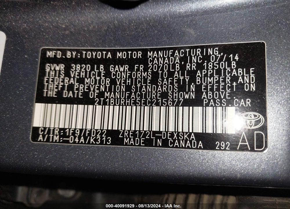 2014 TOYOTA COROLLA S PLUS VIN: 2T1BURHE5EC215677