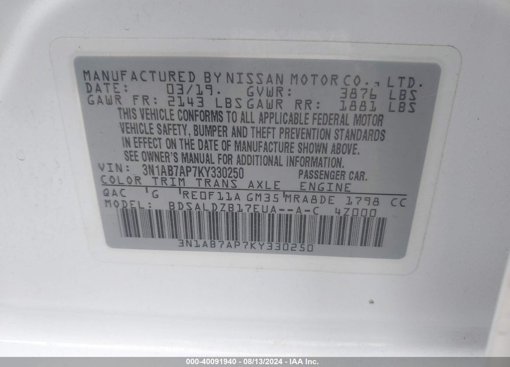 2019 NISSAN SENTRA SV VIN: 3N1AB7AP7KY330250