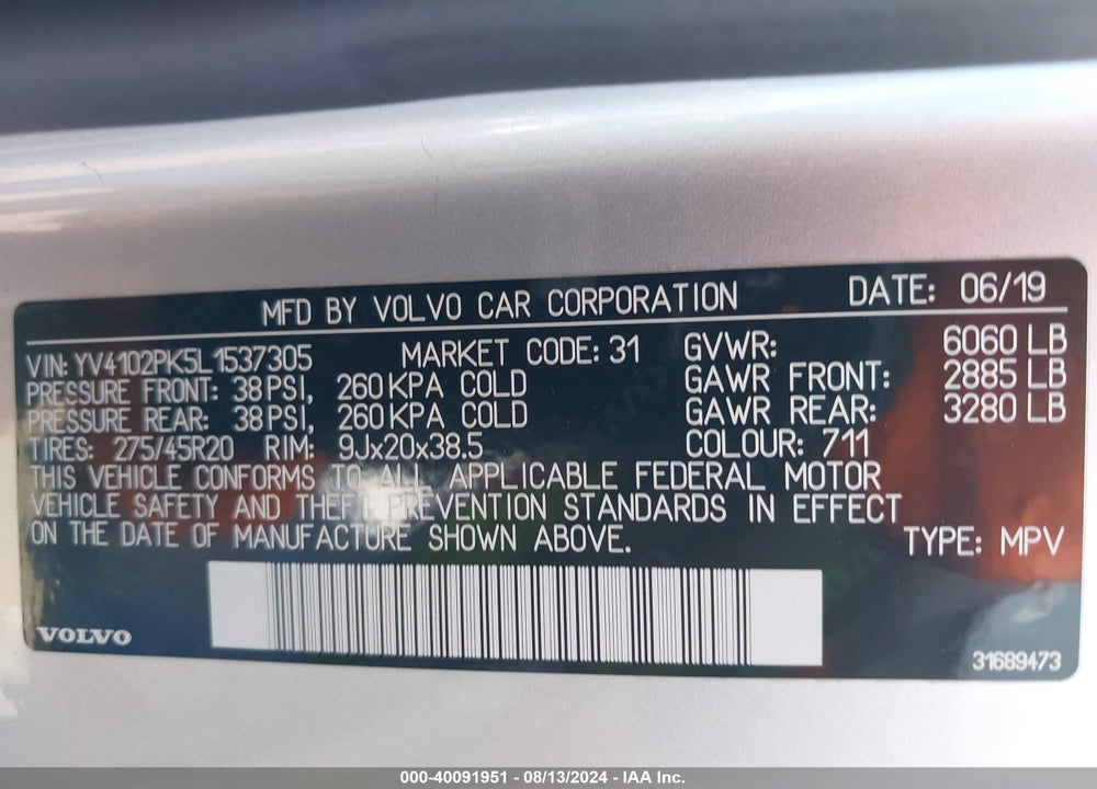 2020 VOLVO XC90 T5 MOMENTUM 7 PASSENGER VIN: YV4102PK5L1537305