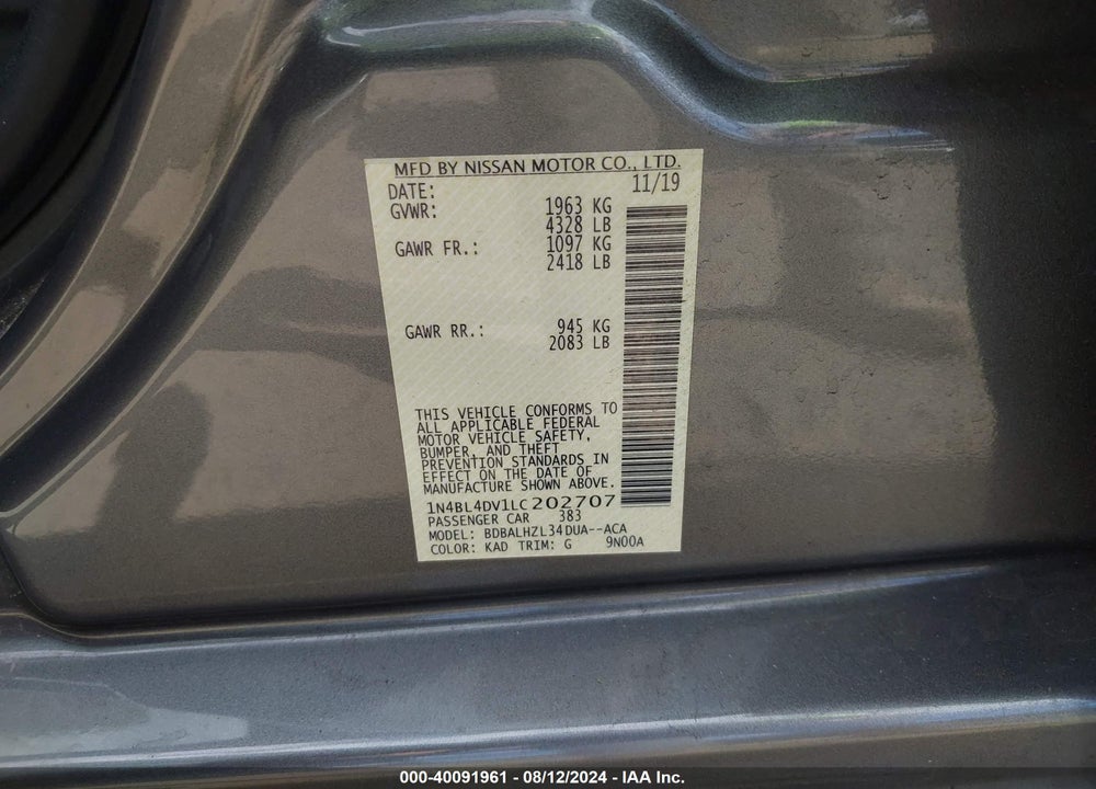2020 NISSAN ALTIMA SV FWD VIN: 1N4BL4DV1LC202707