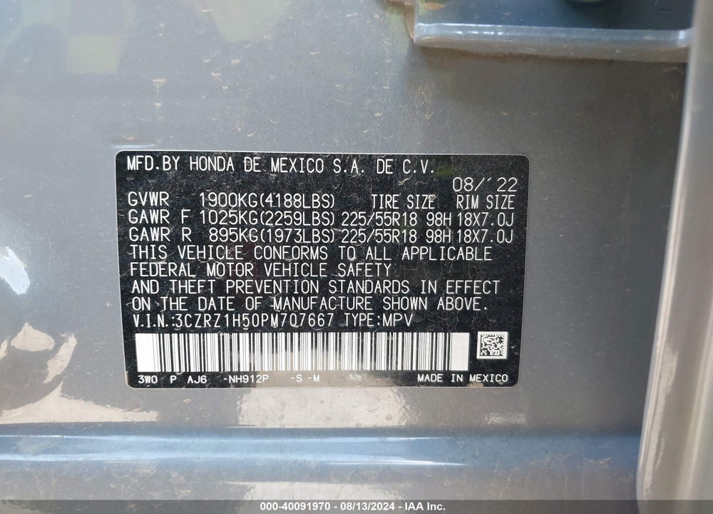 2023 HONDA HR-V 2WD SPORT VIN: 3CZRZ1H50PM707667