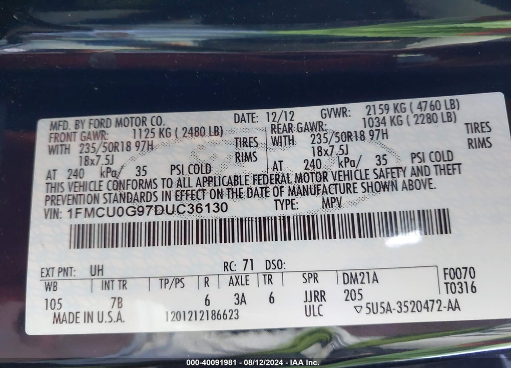 2013 FORD ESCAPE SE VIN: 1FMCU0G97DUC36130