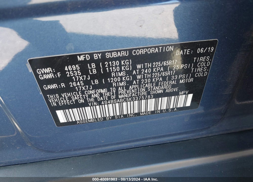 2019 SUBARU OUTBACK 2.5I VIN: 4S4BSABC5K3375783