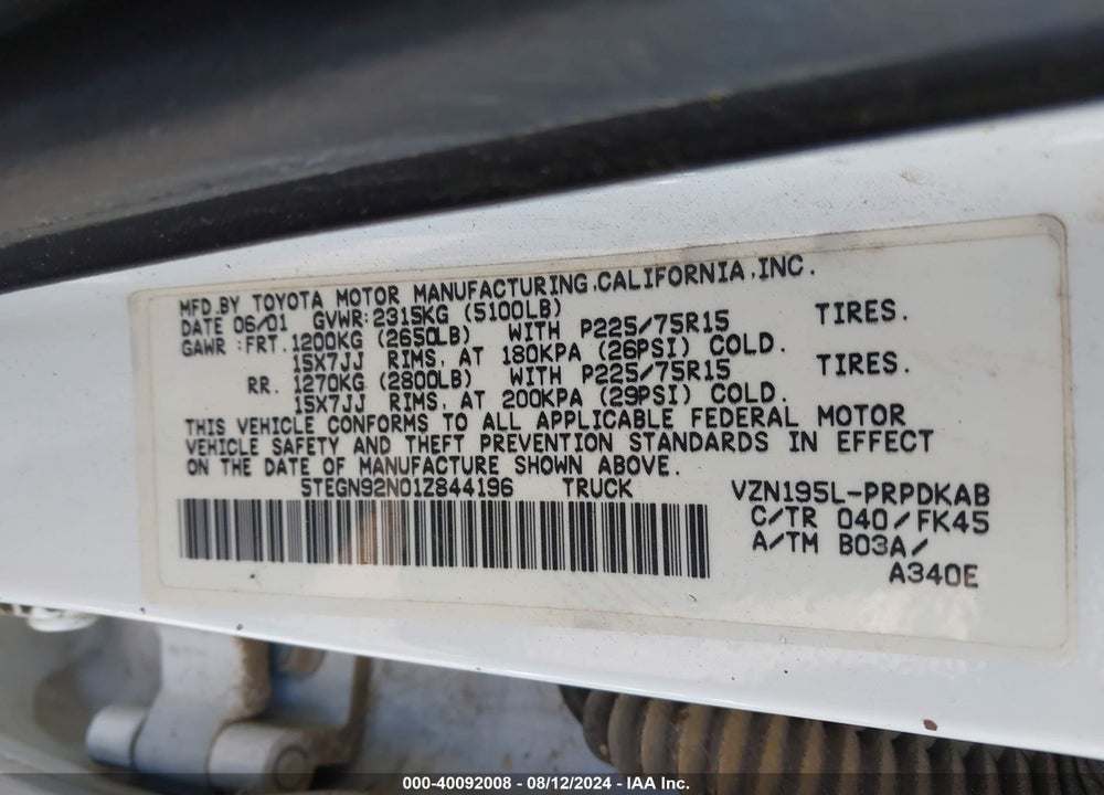 2001 TOYOTA TACOMA PRERUNNER V6 VIN: 5TEGN92N01Z844196
