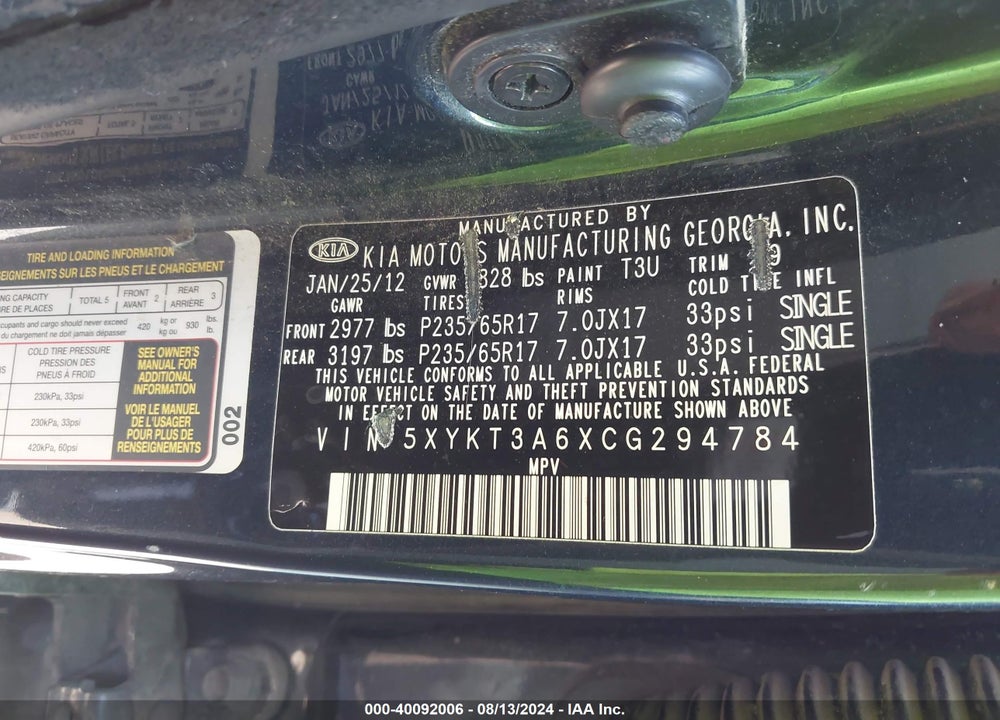 2012 KIA SORENTO LX VIN: 5XYKT3A6XCG294784