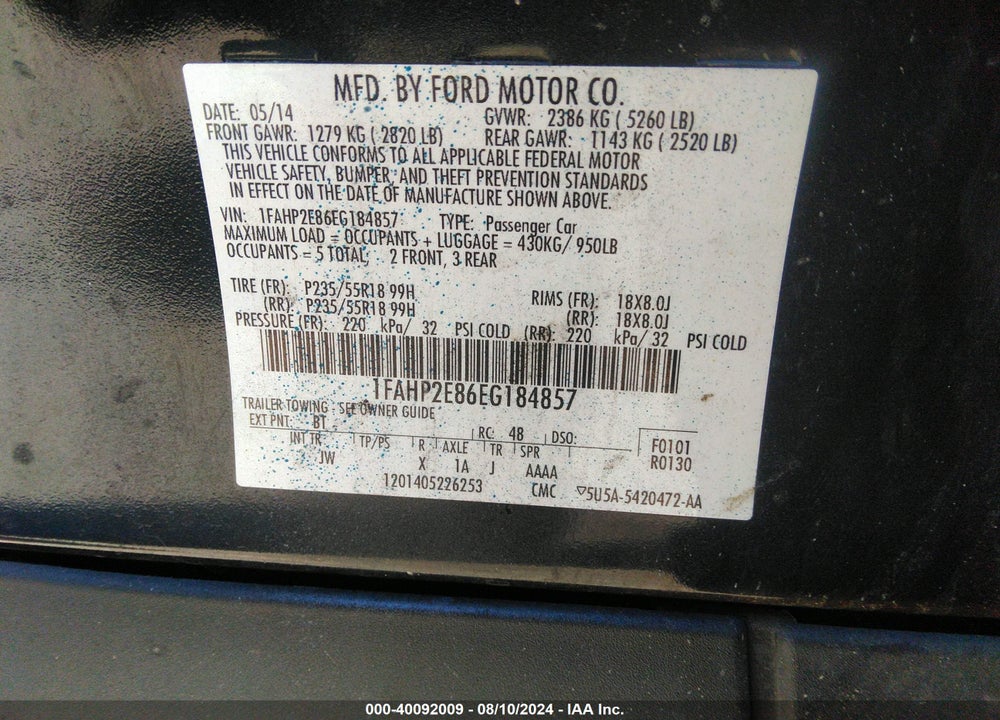 2014 FORD TAURUS VIN: 1FAHP2E86EG184857