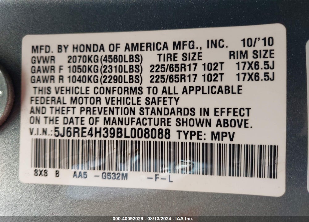 2011 HONDA CR-V LX VIN: 5J6RE4H39BL008088