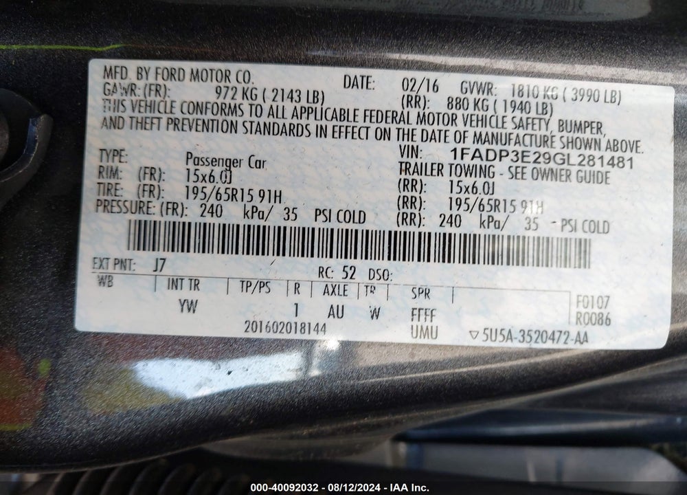 2016 FORD FOCUS S VIN: 1FADP3E29GL281481