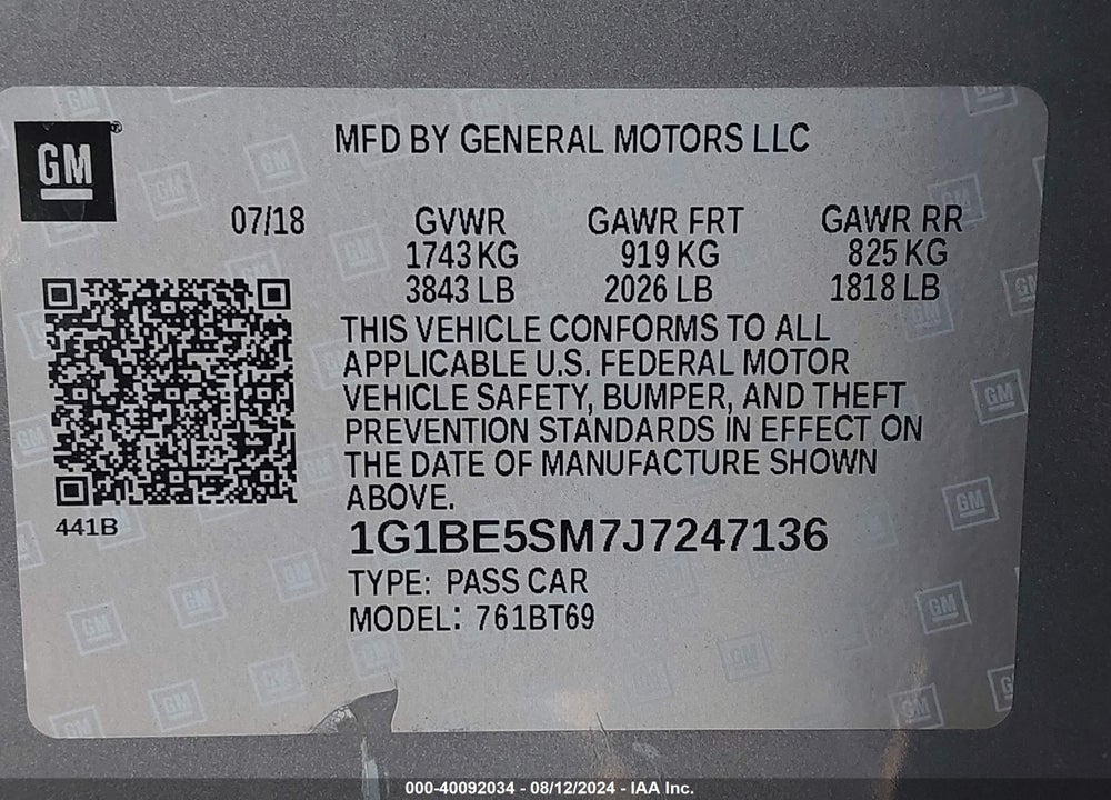 2018 CHEVROLET CRUZE LT AUTO VIN: 1G1BE5SM7J7247136