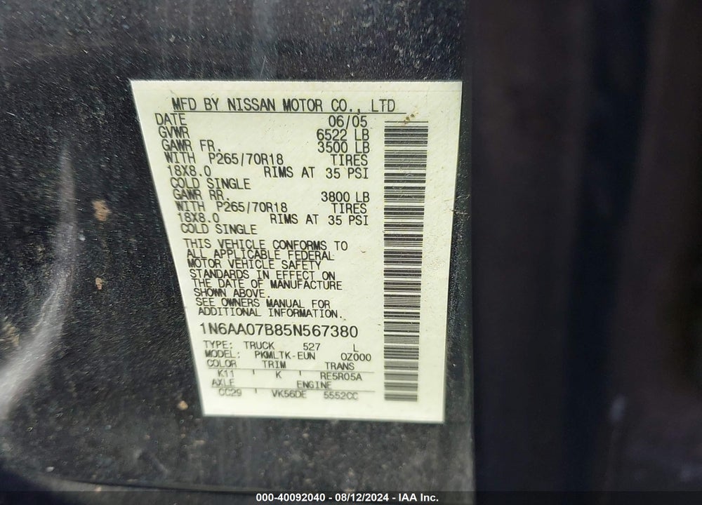 2005 NISSAN TITAN SE VIN: 1N6AA07B85N567380