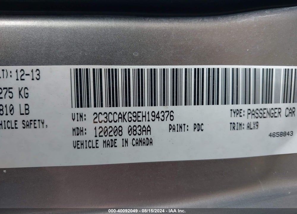 2014 CHRYSLER 300C AWD VIN: 2C3CCAKG9EH194376