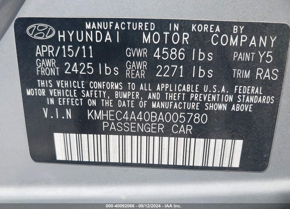 2011 HYUNDAI SONATA HYBRID VIN: KMHEC4A40BA005780