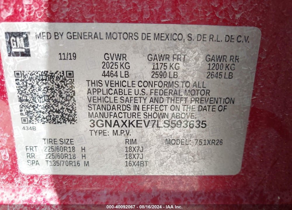 2020 CHEVROLET EQUINOX FWD LT 1.5L TURBO VIN: 3GNAXKEV7LS593635