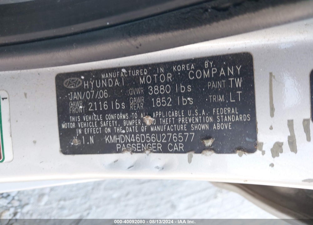 2006 HYUNDAI ELANTRA GLS/LIMITED VIN: KMHDN46D56U276577