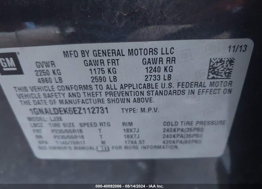 2014 CHEVROLET EQUINOX LTZ VIN: 1GNALDEK6EZ112731