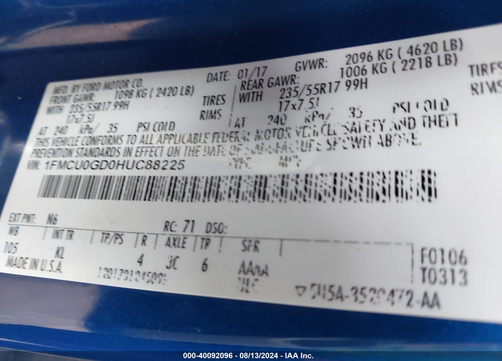 2017 FORD ESCAPE SE VIN: 1FMCU0GD0HUC88225