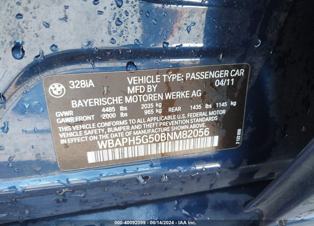 2011 BMW 328I VIN: WBAPH5G50BNM82056