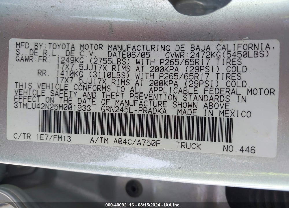 2005 TOYOTA TACOMA BASE V6 VIN: 3TMLU42N25M001933