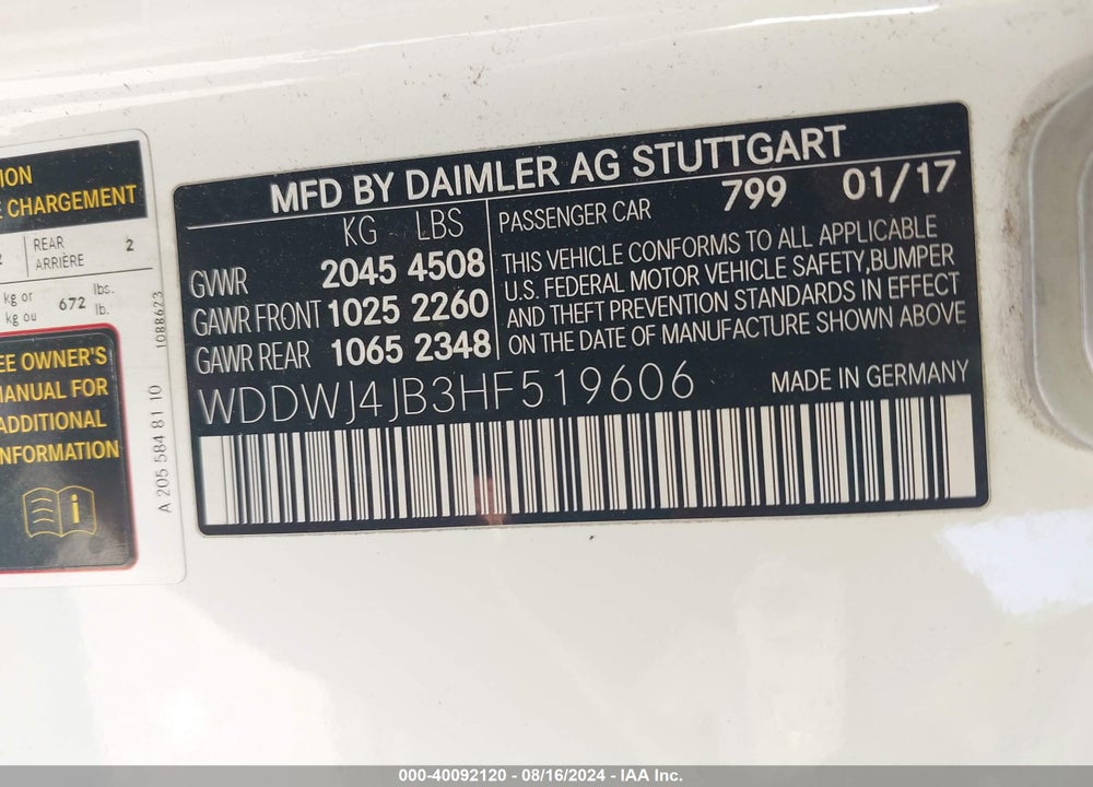 2017 MERCEDES-BENZ C 300 VIN: WDDWJ4JB3HF519606