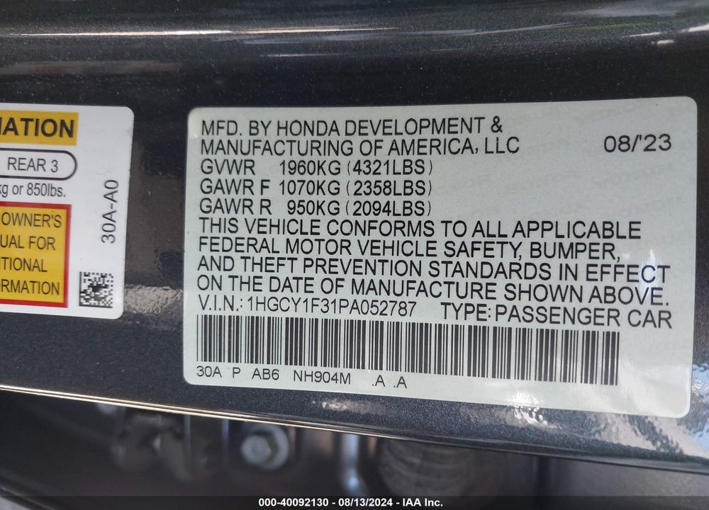 2023 HONDA ACCORD EX VIN: 1HGCY1F31PA052787