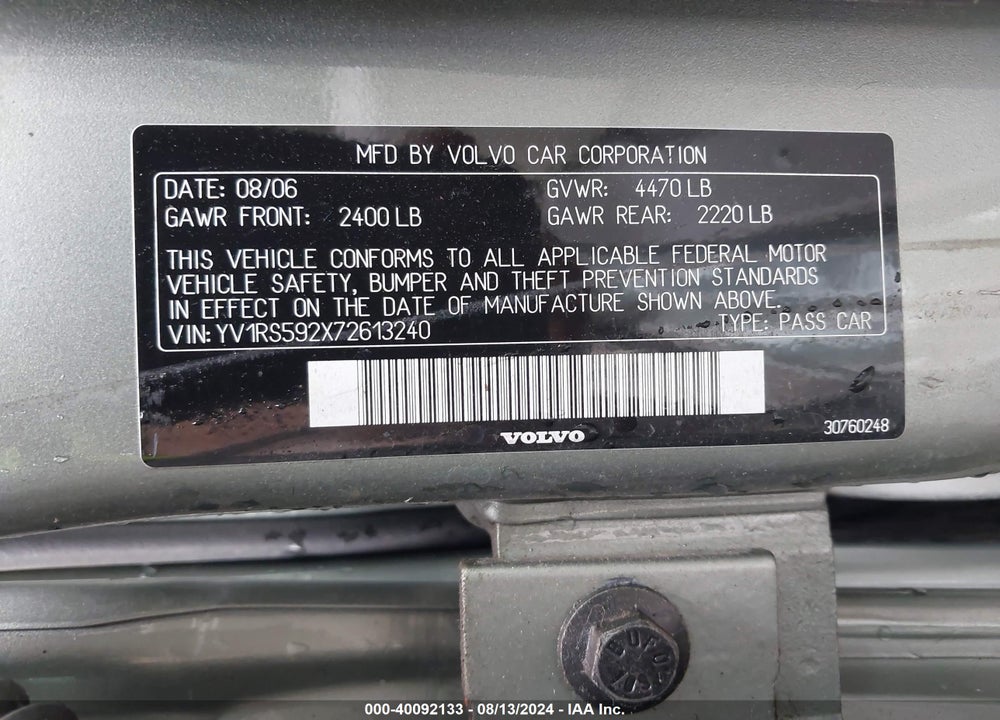 2007 VOLVO S60 2.5T VIN: YV1RS592X72613240