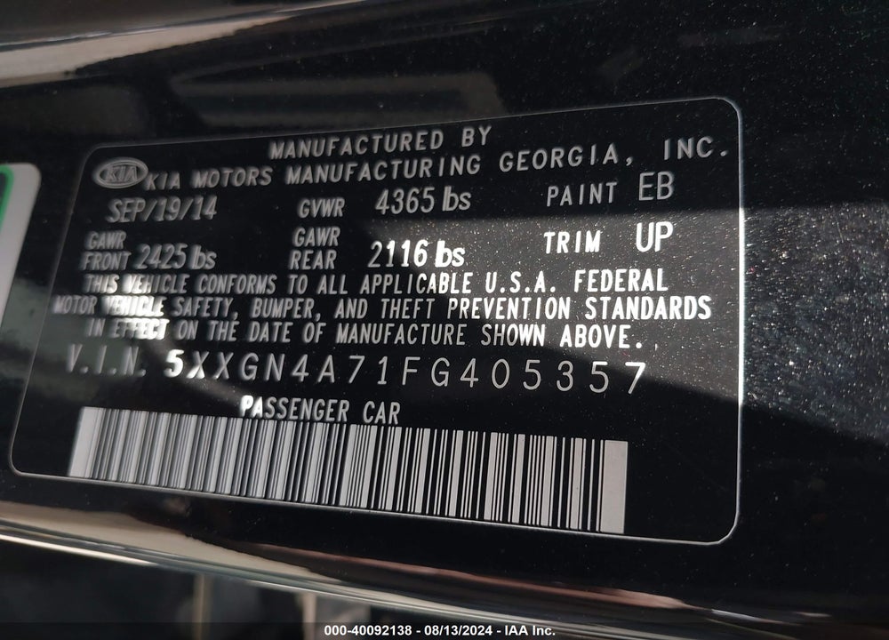 2015 KIA OPTIMA EX VIN: 5XXGN4A71FG405357