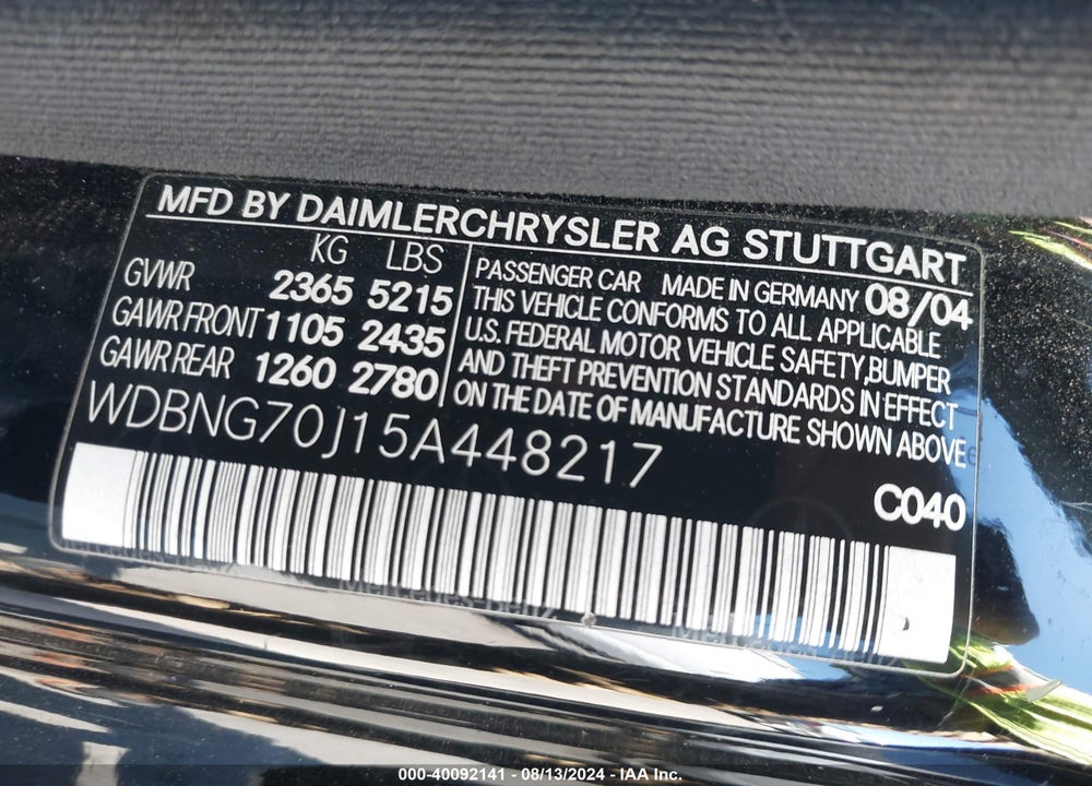 2005 MERCEDES-BENZ S 430 VIN: WDBNG70J15A448217