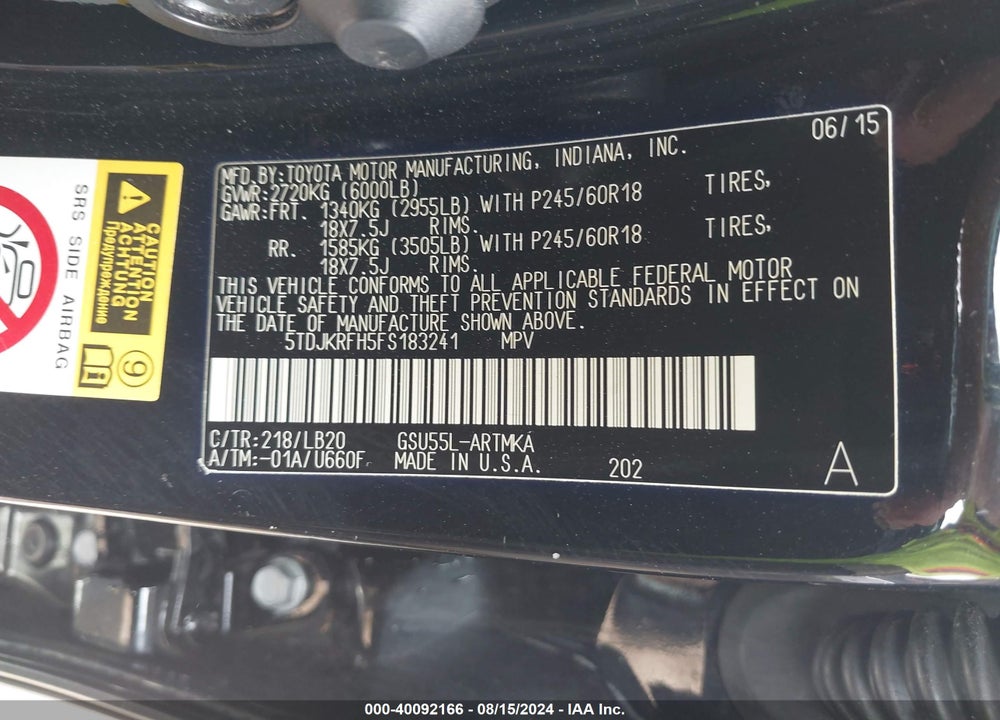 2015 TOYOTA HIGHLANDER XLE V6 VIN: 5TDJKRFH5FS183241