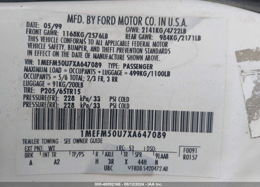 1999 MERCURY SABLE GS VIN: 1MEFM50U7XA647089
