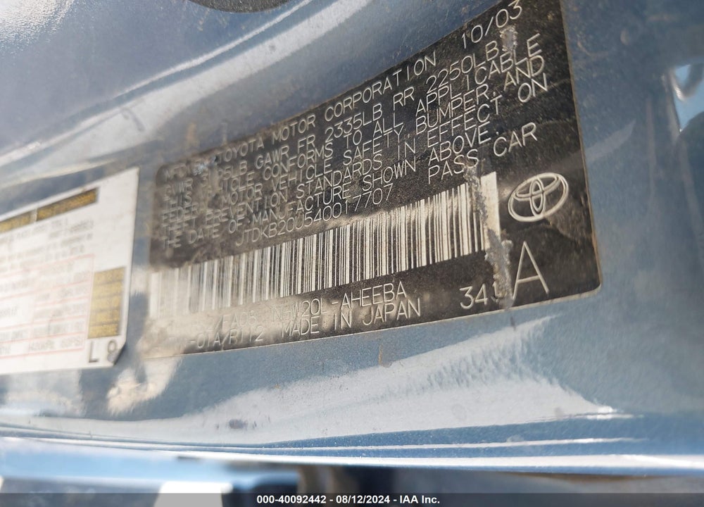 2004 TOYOTA PRIUS VIN: JTDKB20U540017707