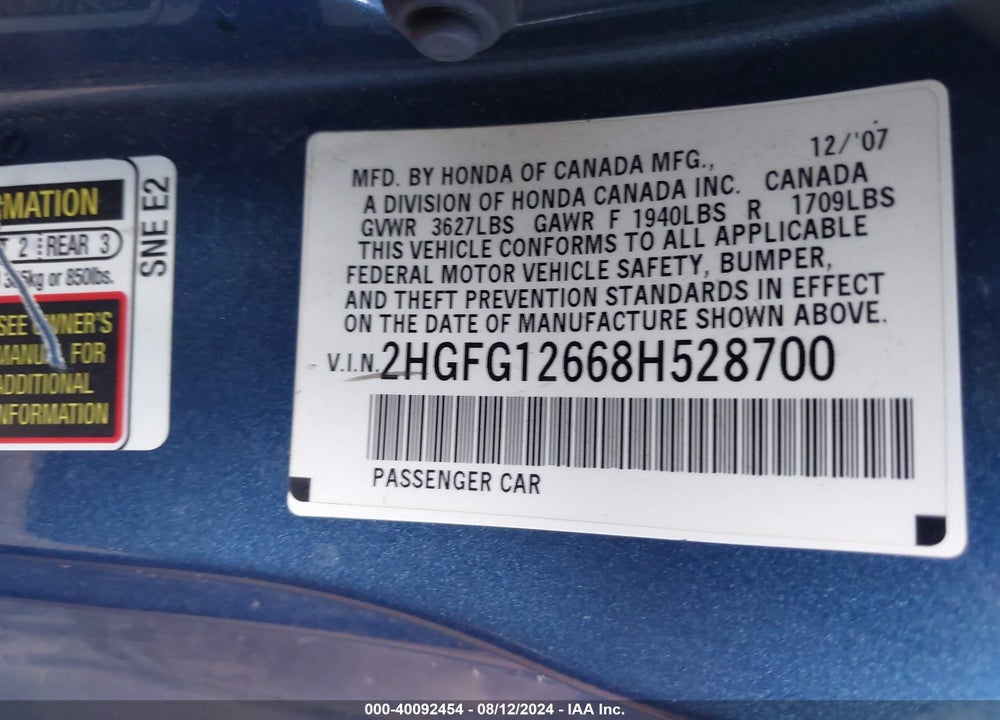 2008 HONDA CIVIC LX VIN: 2HGFG12668H528700