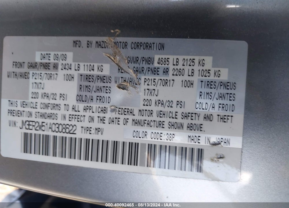 2010 MAZDA CX-7 I SPORT VIN: JM3ER2W51A0308622